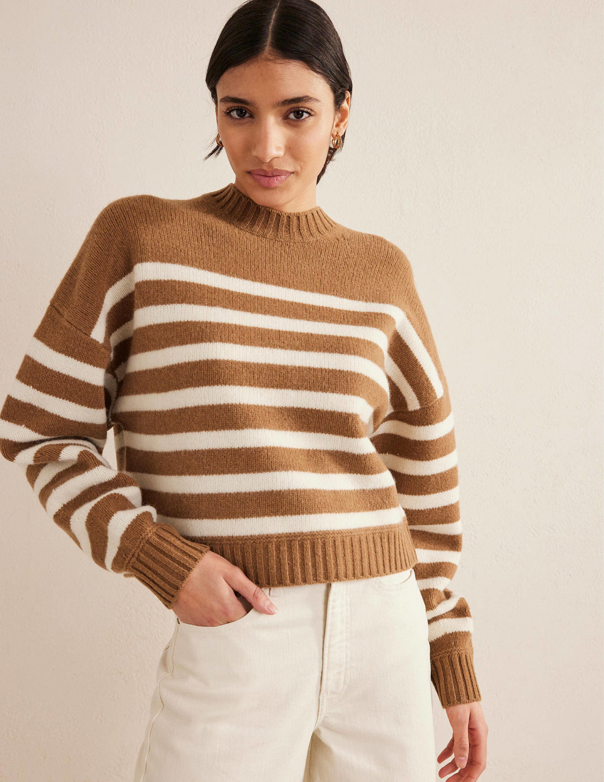 Brushed Wool Cropped Sweater-Teddy Bear, Ivory Stripe - Image 4