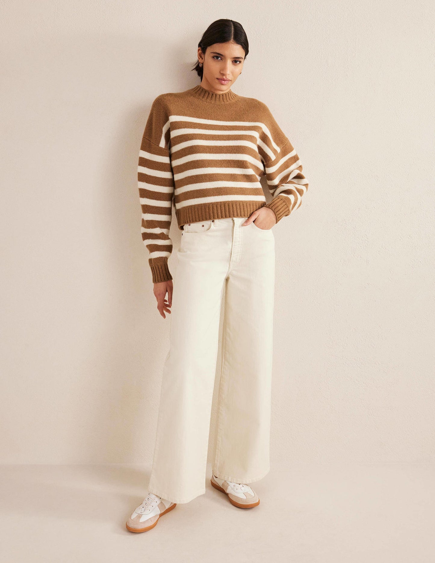 Brushed Wool Cropped Sweater-Teddy Bear, Ivory Stripe