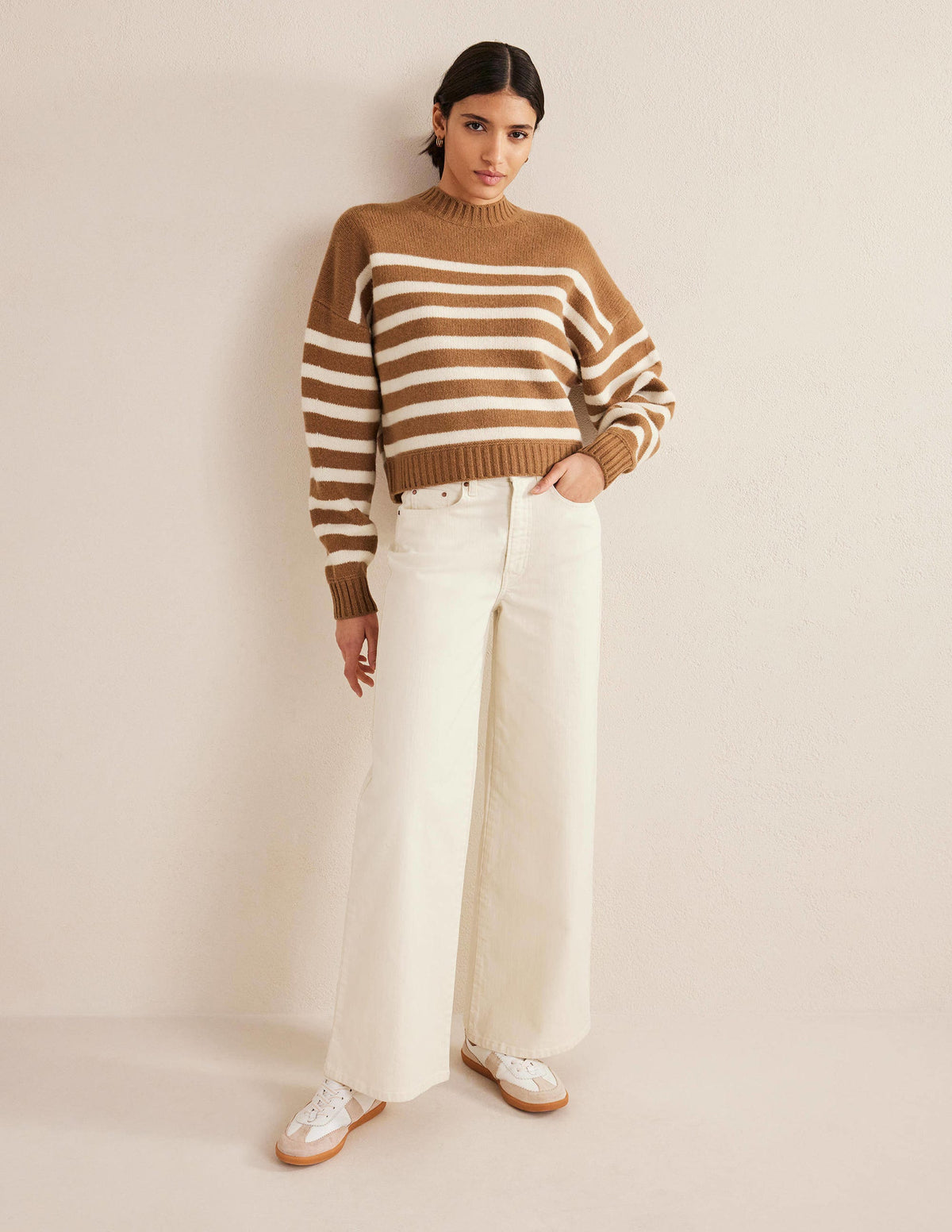 Brushed Wool Cropped Sweater-Teddy Bear, Ivory Stripe - Image 5