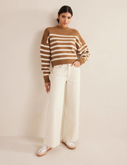 Brushed Wool Cropped Sweater-Teddy Bear, Ivory Stripe-5