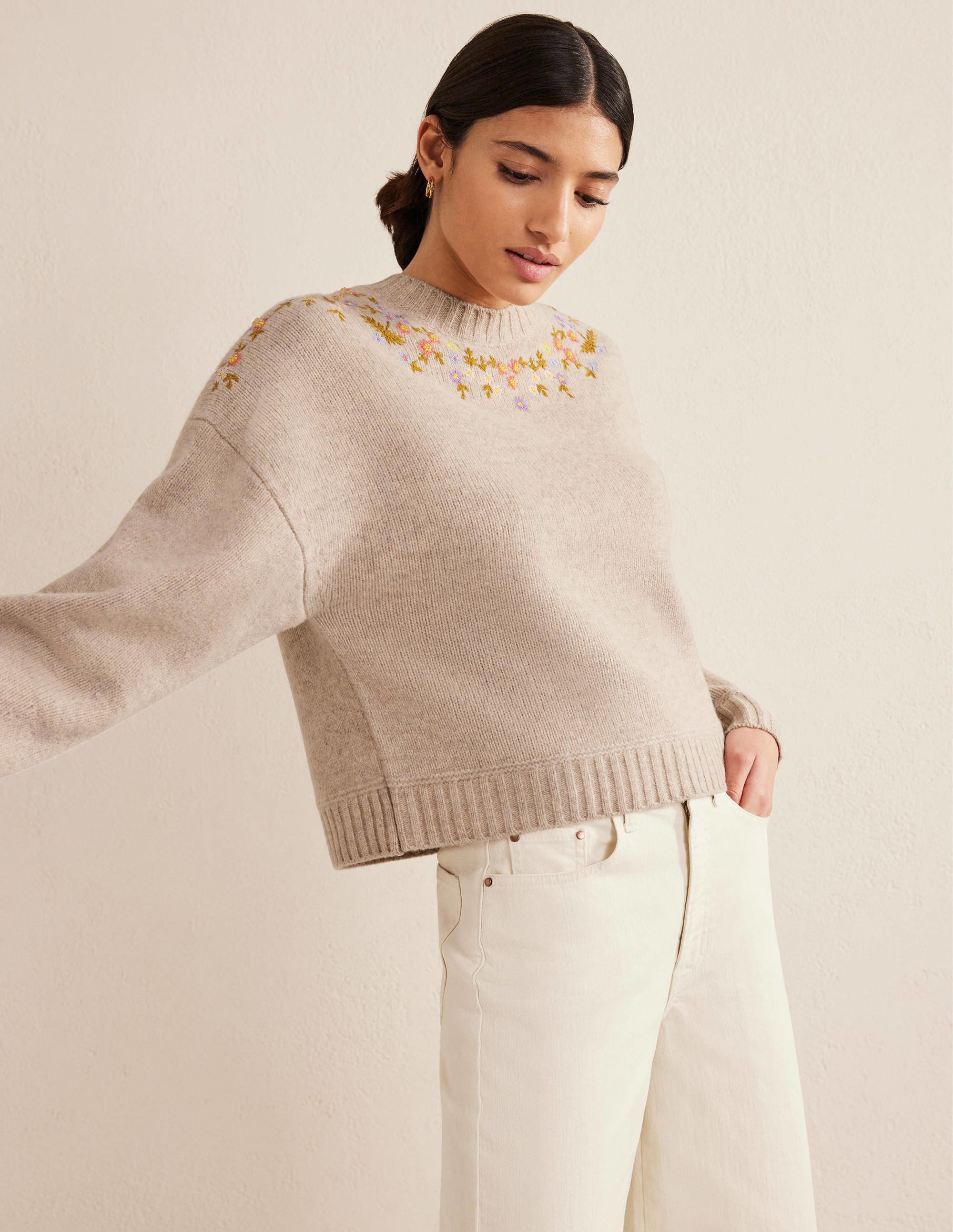 Embellished Wool Sweater-Oatmeal Melange - Image 1