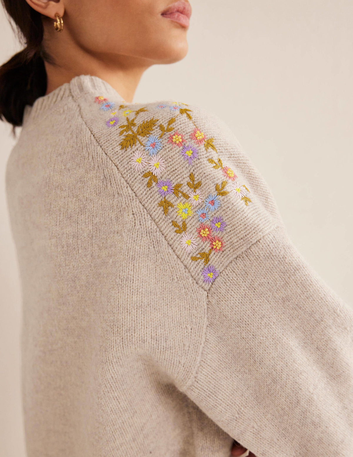 Embellished Wool Sweater-Oatmeal Melange-2