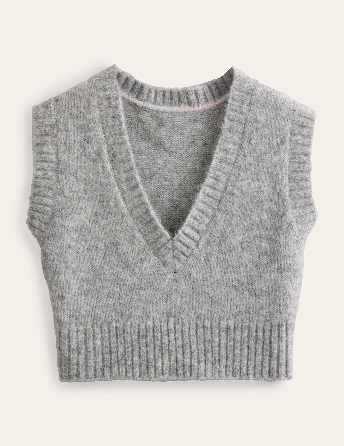 Fluffy Cropped V-Neck Vest-Grey Melange-6