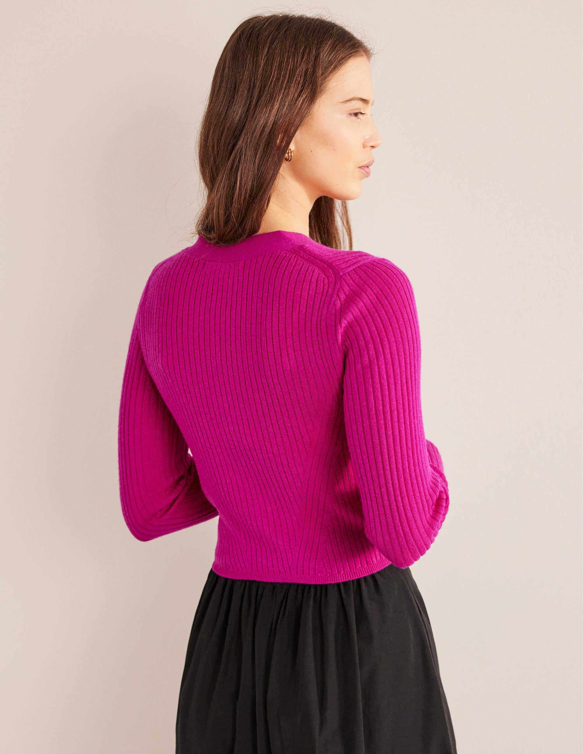 Merino Cropped RIb Cardigan-Rose Violet - Image 3