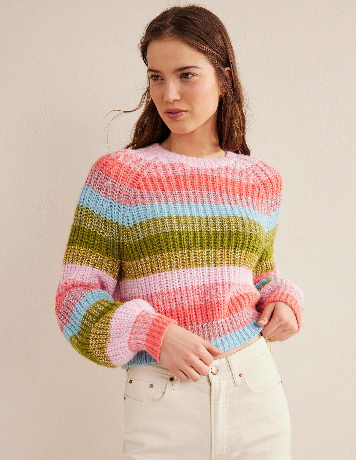 Fluffy Ribbed Raglan Sweater-Rainbow Stripe - Image 1