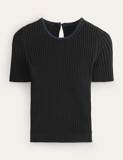 Crochet-Trim Knitted T-Shirt-Black-5