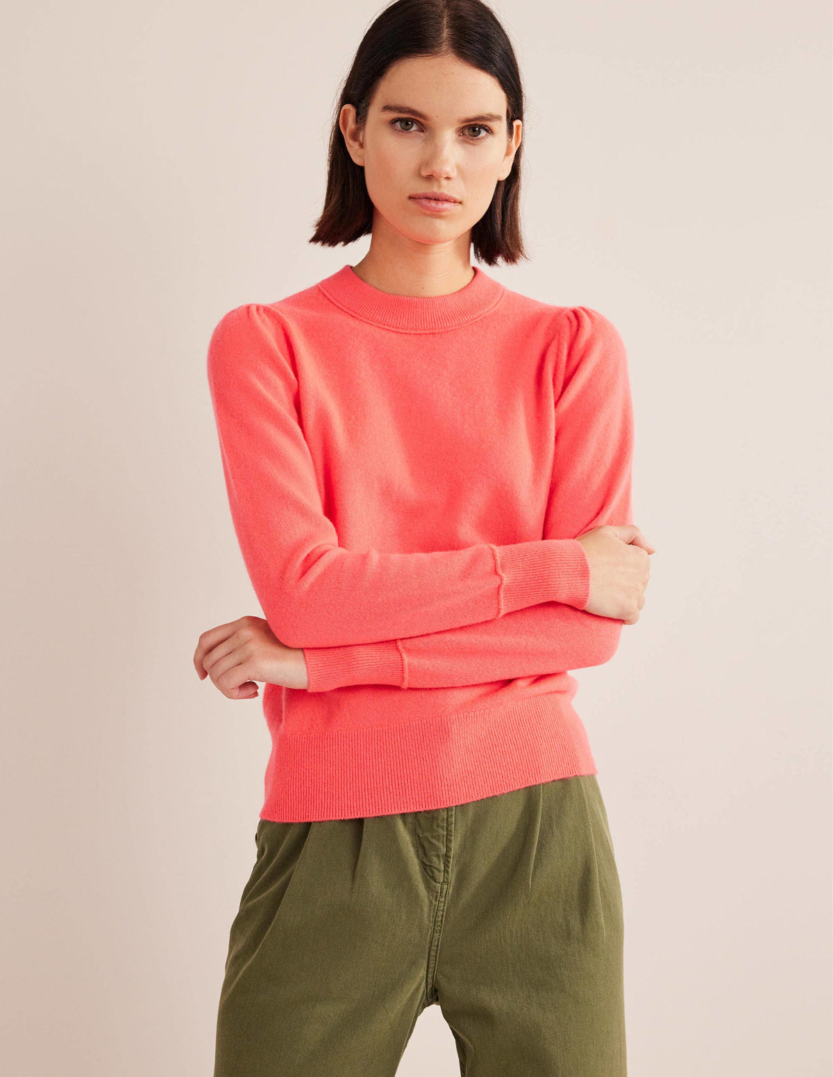 Cashmere Puff Shoulder Sweater-Bright Watermelon - Image 1