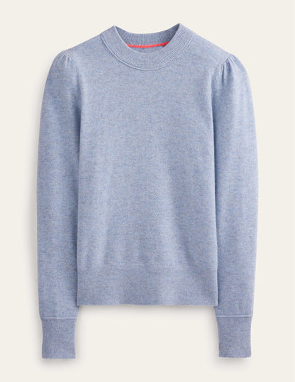 Cashmere Puff Shoulder Sweater-Blue Melange