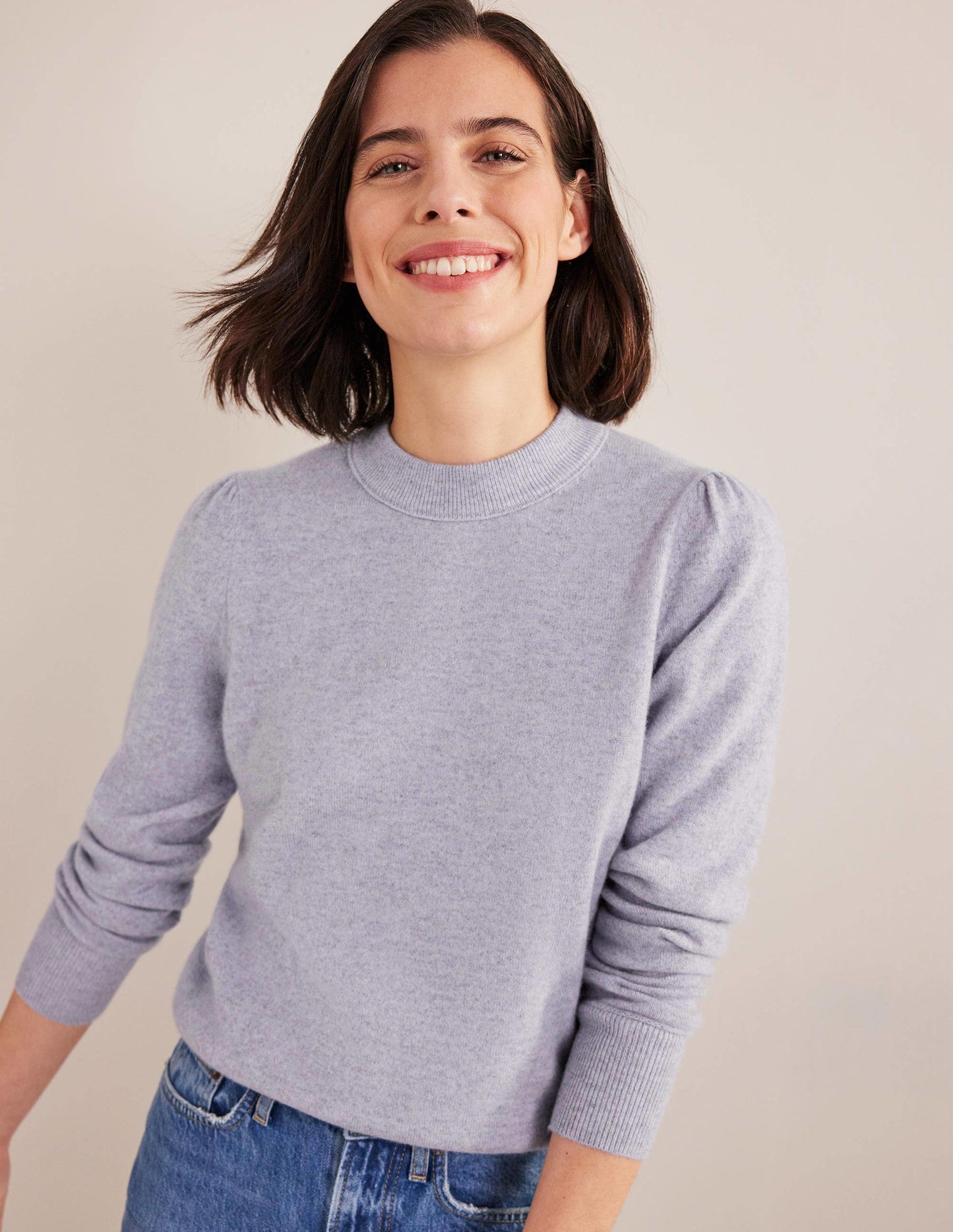 Cashmere Puff Shoulder Sweater-Blue Melange