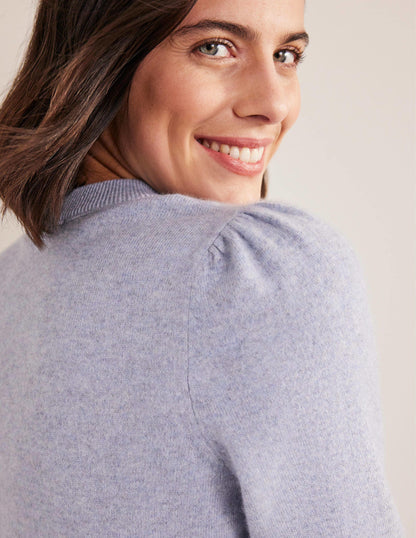 Cashmere Puff Shoulder Sweater-Blue Melange