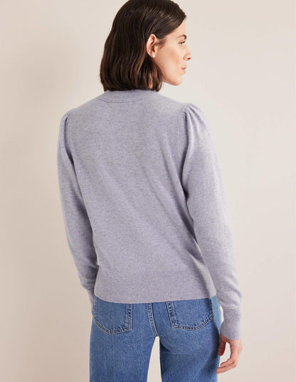 Cashmere Puff Shoulder Sweater-Blue Melange