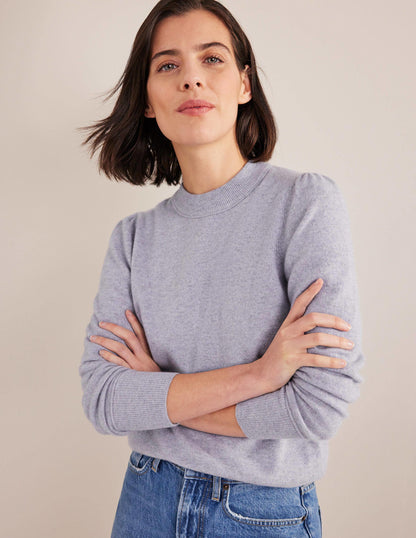 Cashmere Puff Shoulder Sweater-Blue Melange