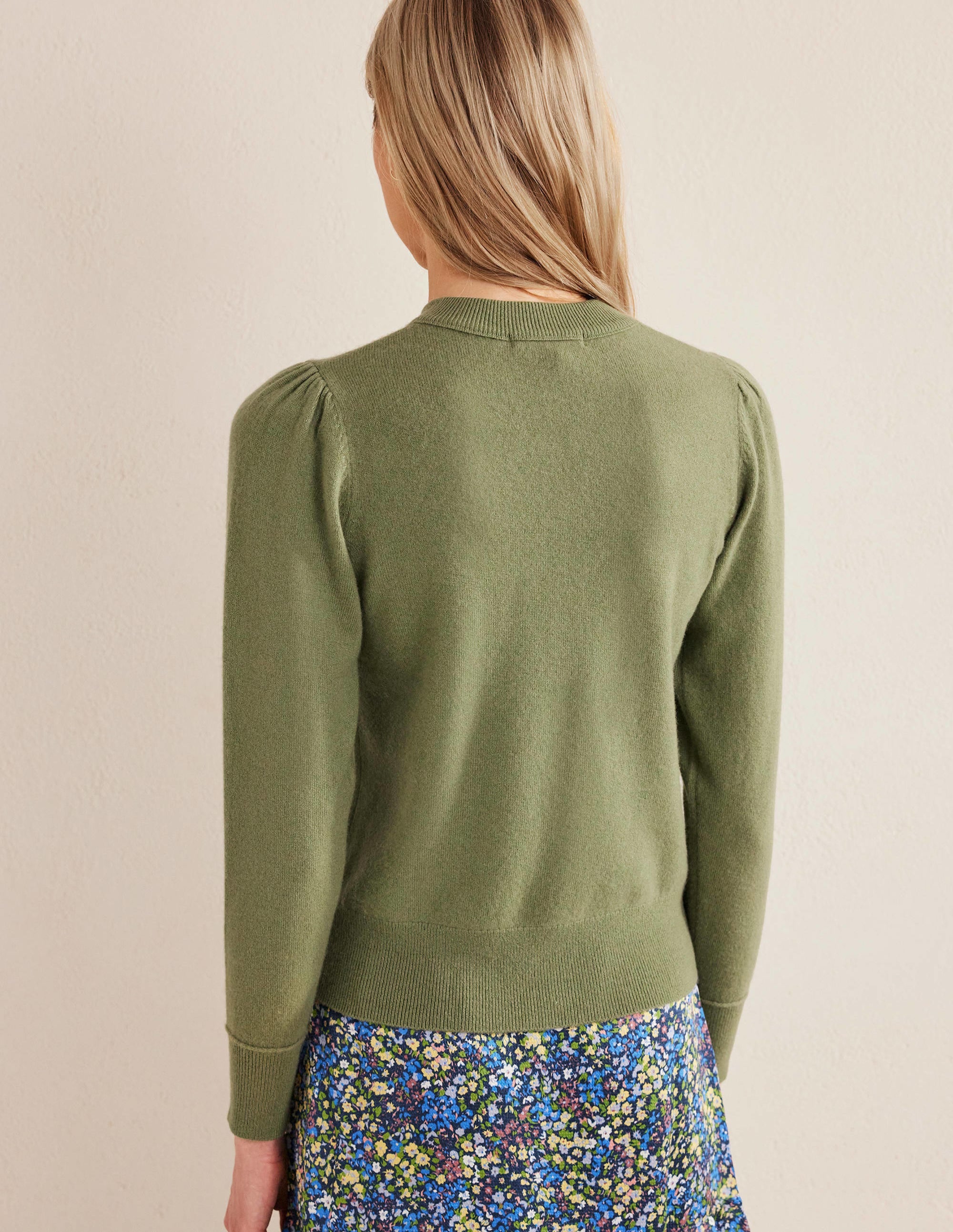 Cashmere Puff Shoulder Sweater-Stone Green - Image 3