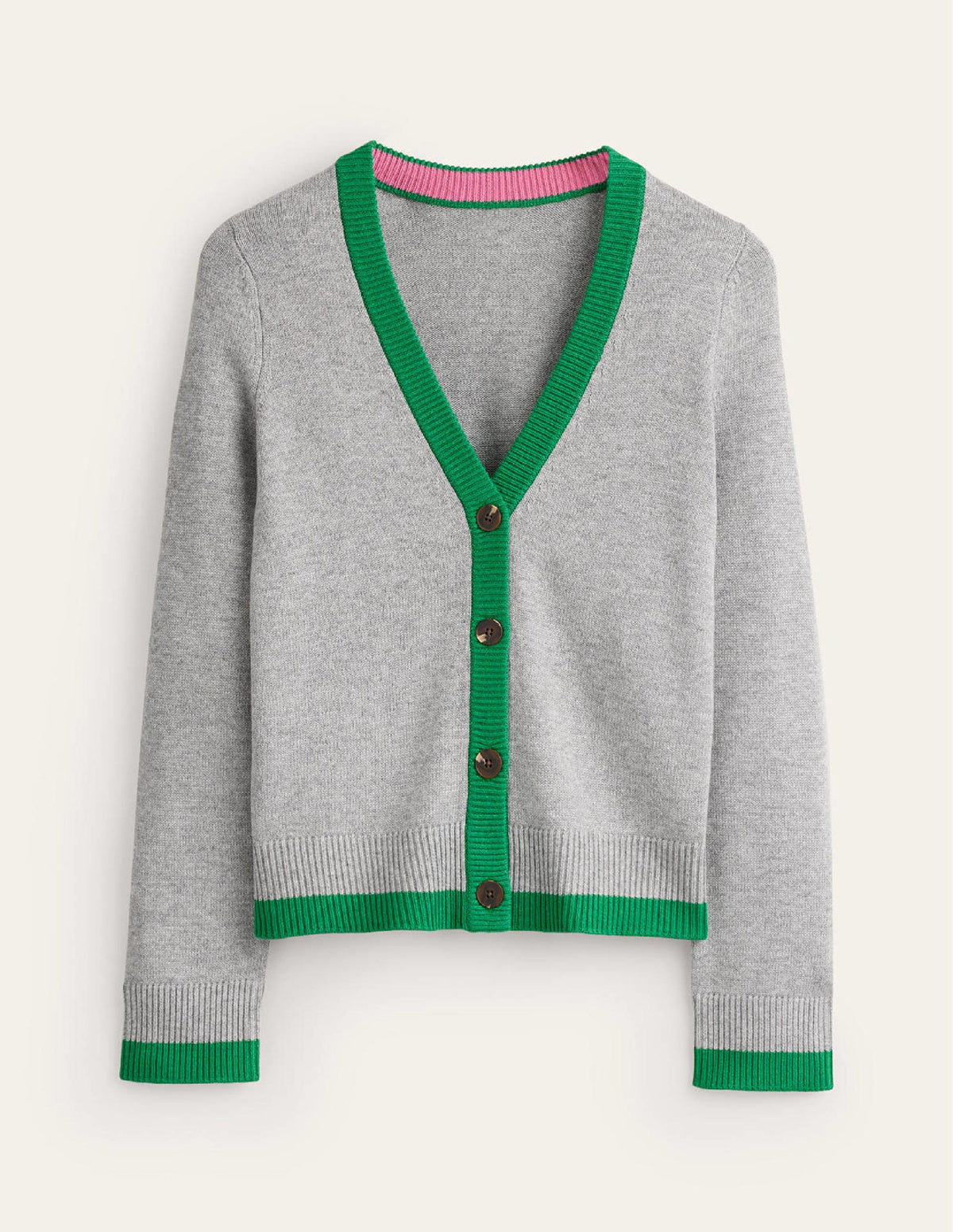 Alma Contrast Trim Cardigan-Grey Melange, Rich Emerald - Image 5
