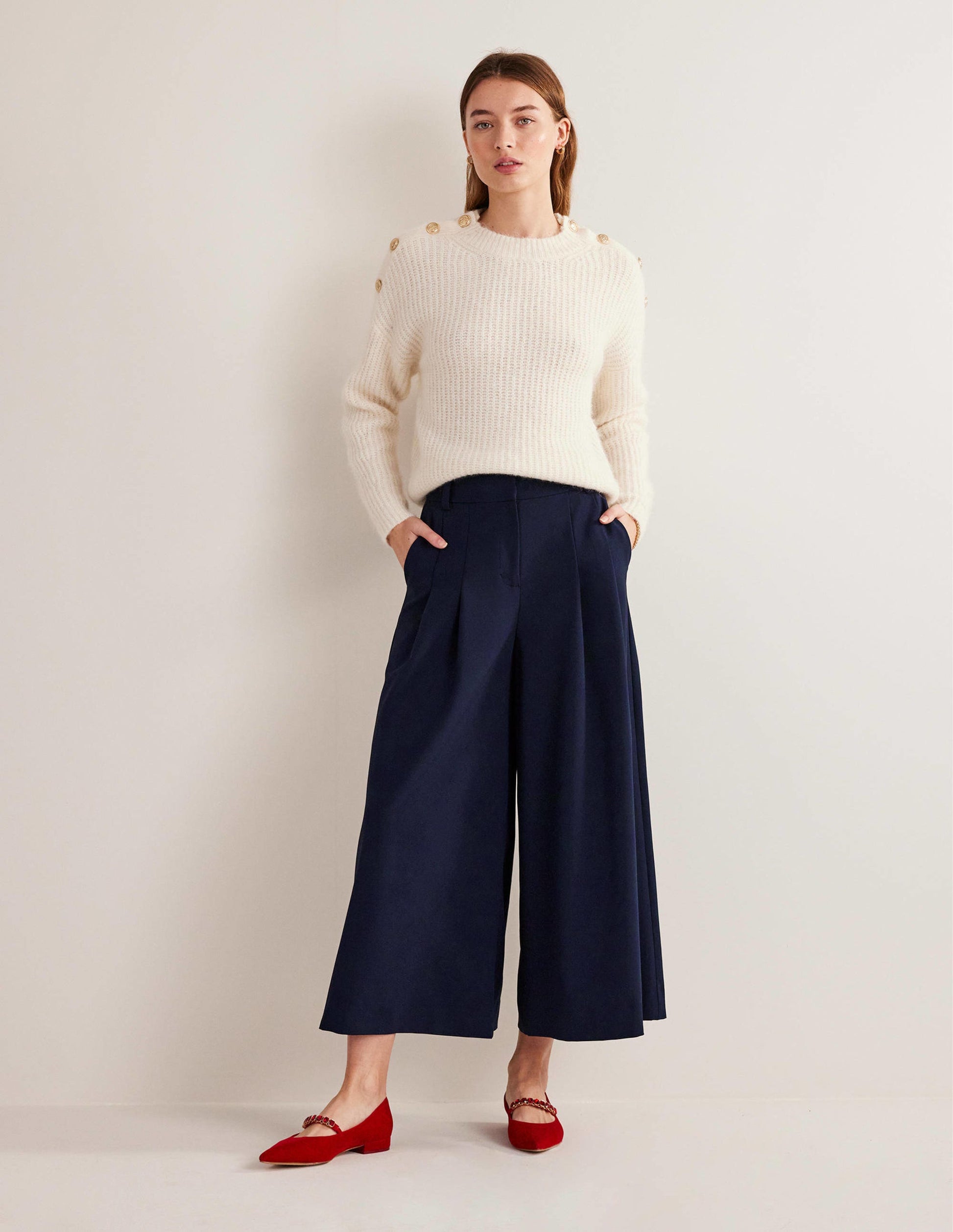 Wide Leg Fluid Culottes-Navy-1
