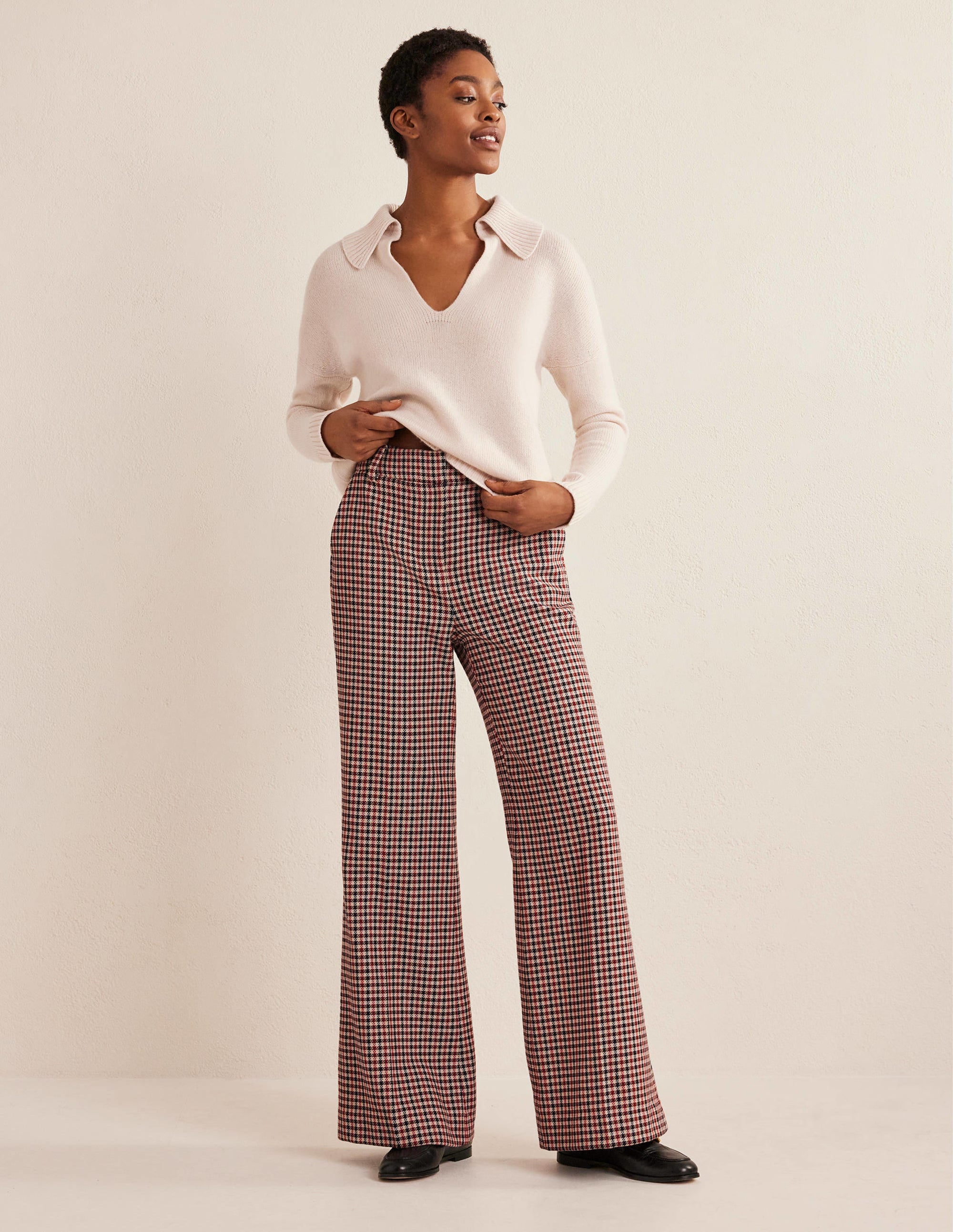 Wide Leg Flared Check Pants-Check - Image 1