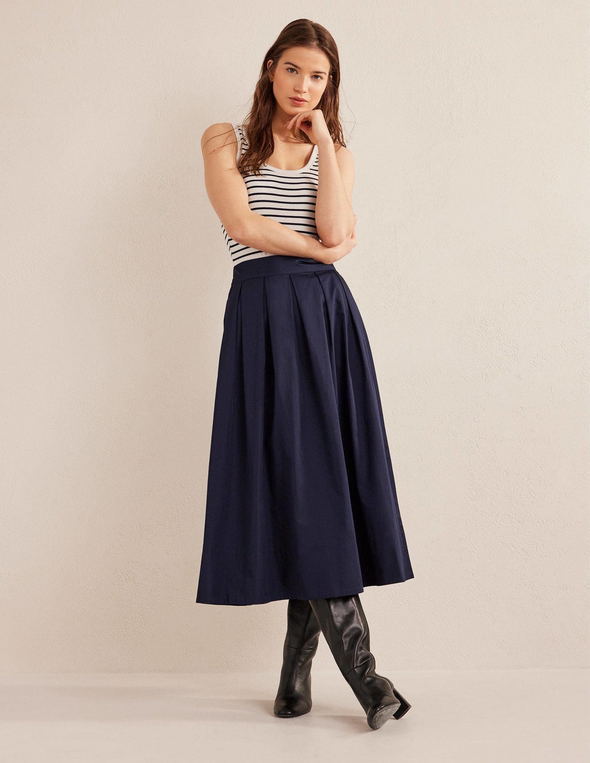 Pleated Full Midi Skirt-Navy-1