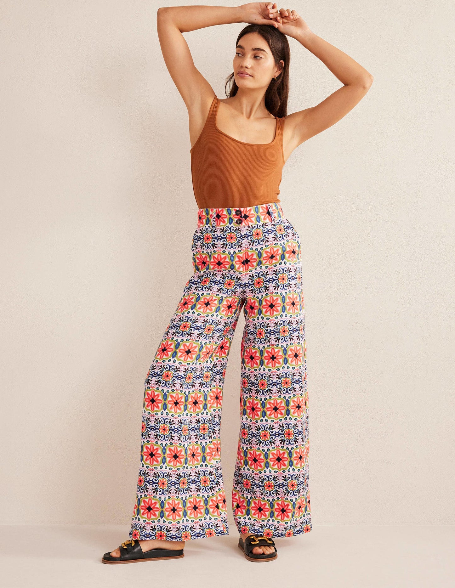 Wide Leg Printed Linen Pants-Multi, Tapestry Stripe