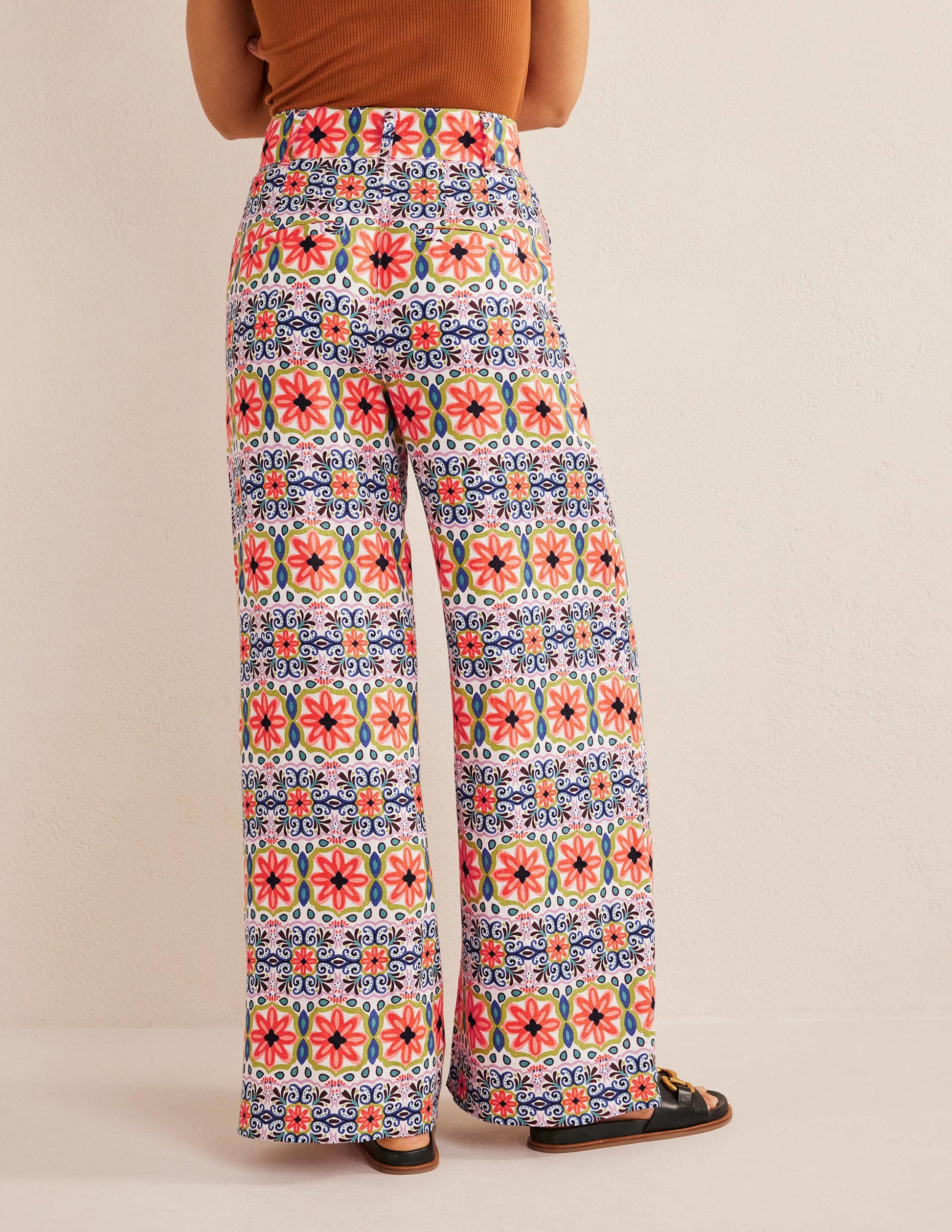 Wide Leg Printed Linen Pants-Multi, Tapestry Stripe-3