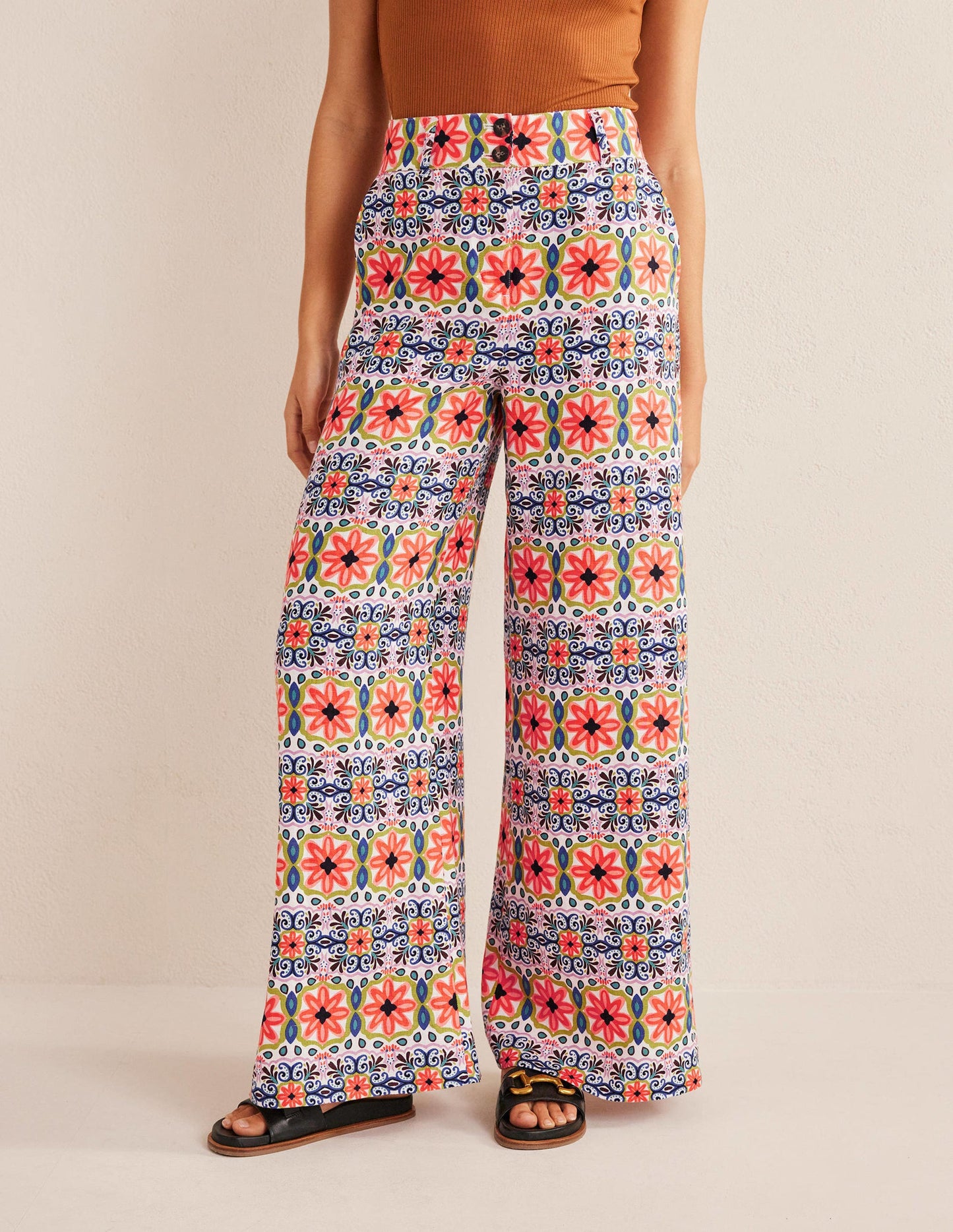 Wide Leg Printed Linen Pants-Multi, Tapestry Stripe