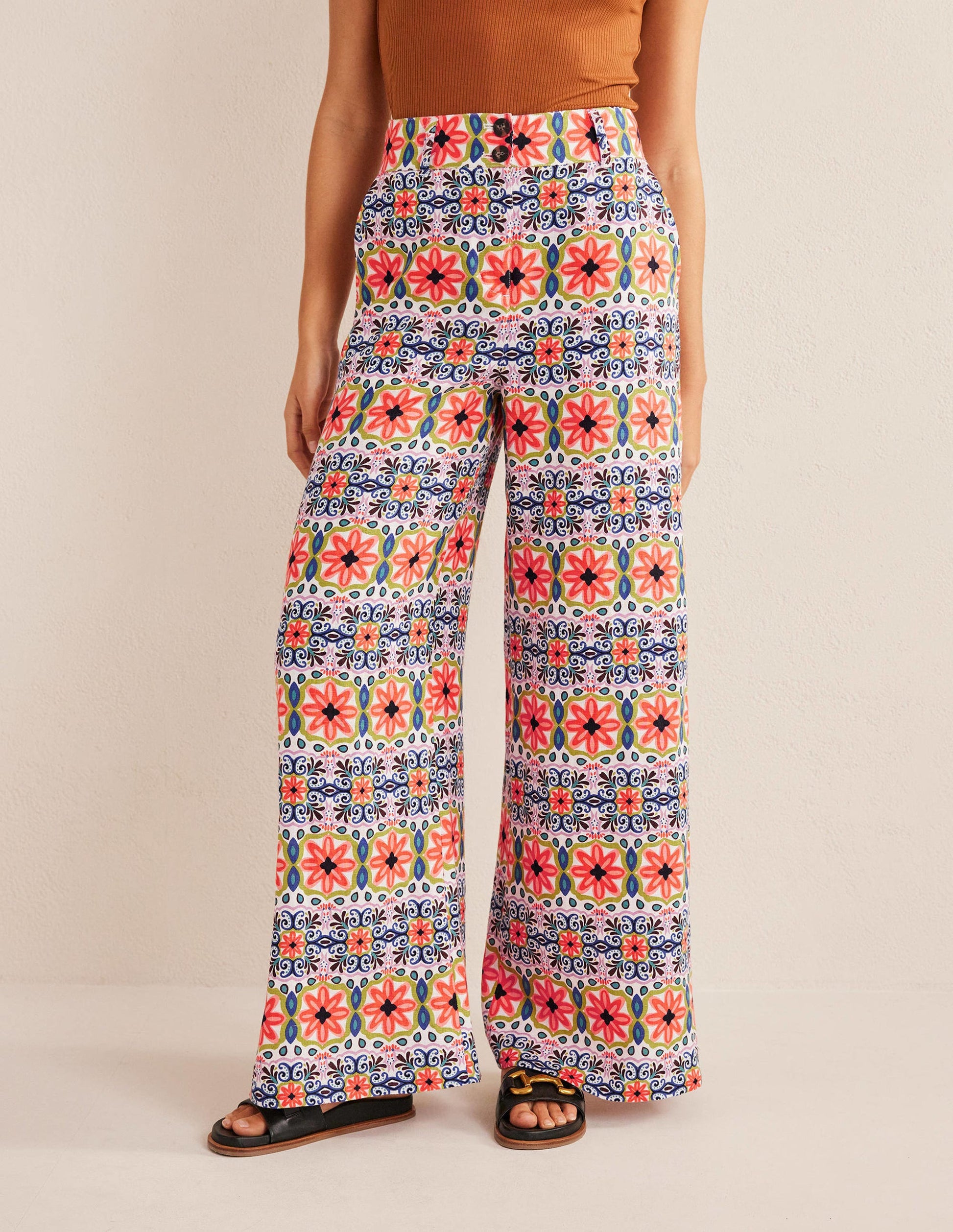 Wide Leg Printed Linen Pants-Multi, Tapestry Stripe-4