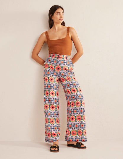 Wide Leg Printed Linen Pants-Multi, Tapestry Stripe-6