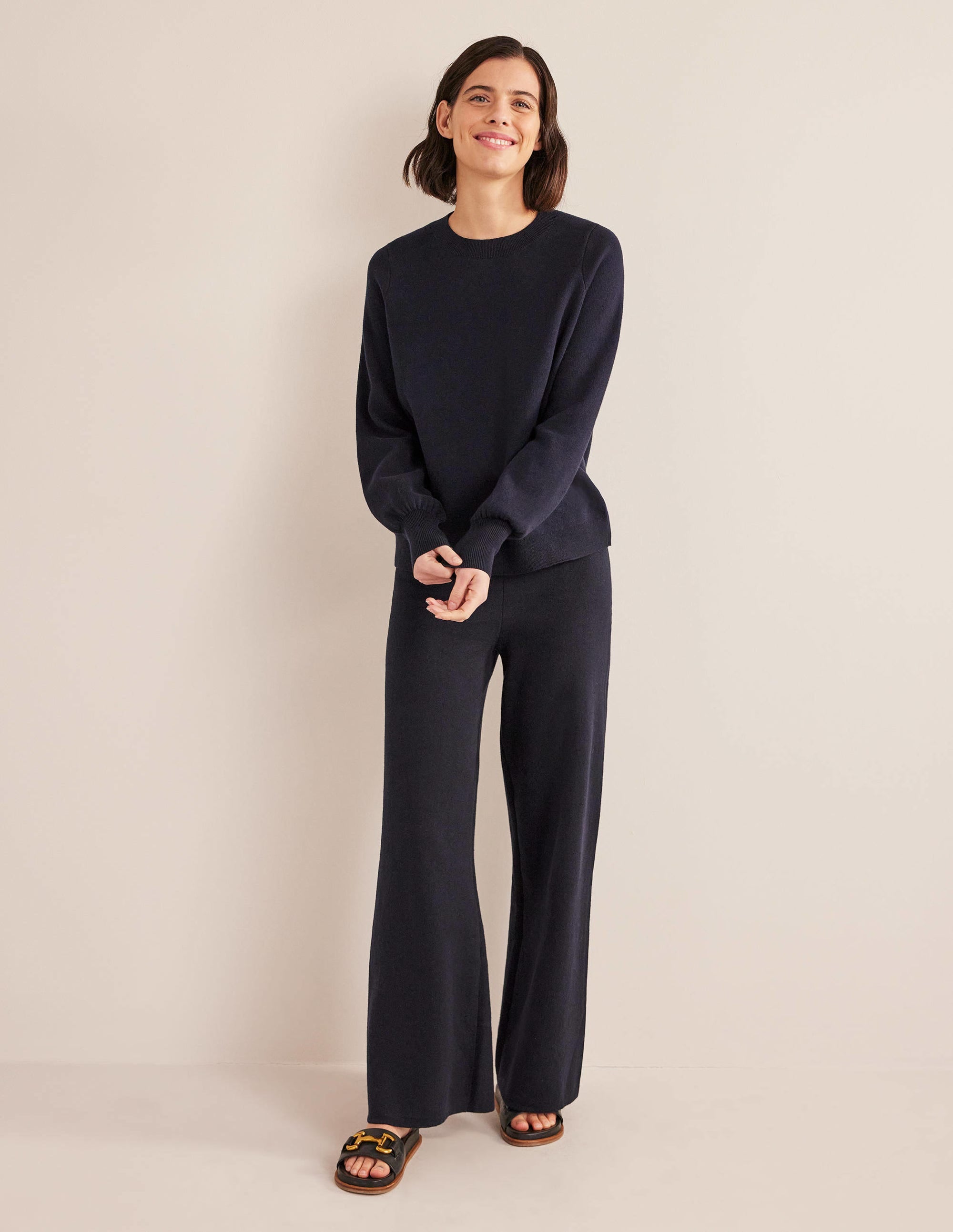 Knitted Wide Leg Pants-Navy - Image 1