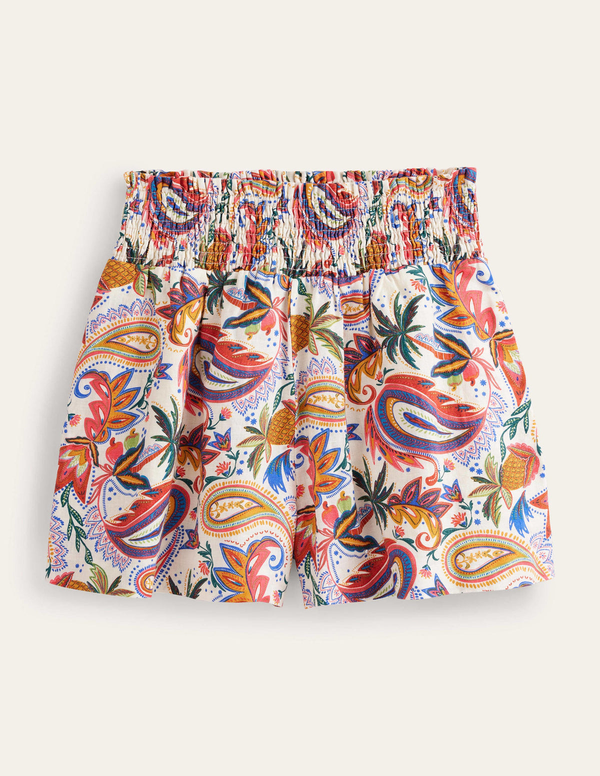Linen Shirred Waist Shorts-Ivory Conversational Print - Image 6