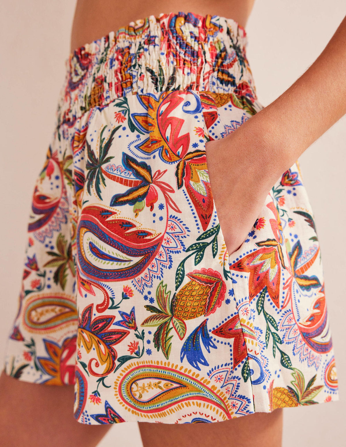 Linen Shirred Waist Shorts-Ivory Conversational Print-2