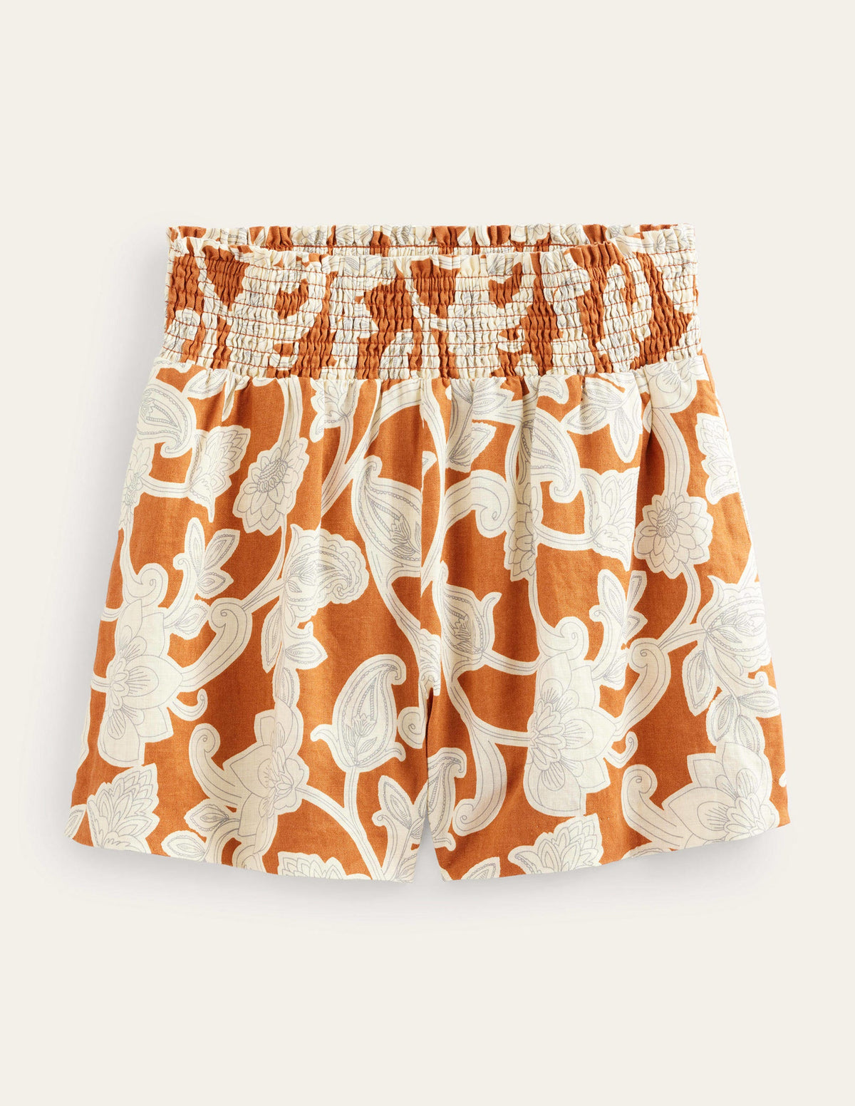 Linen Shirred Waist Shorts-Rust Paisley Whirl - Image 3
