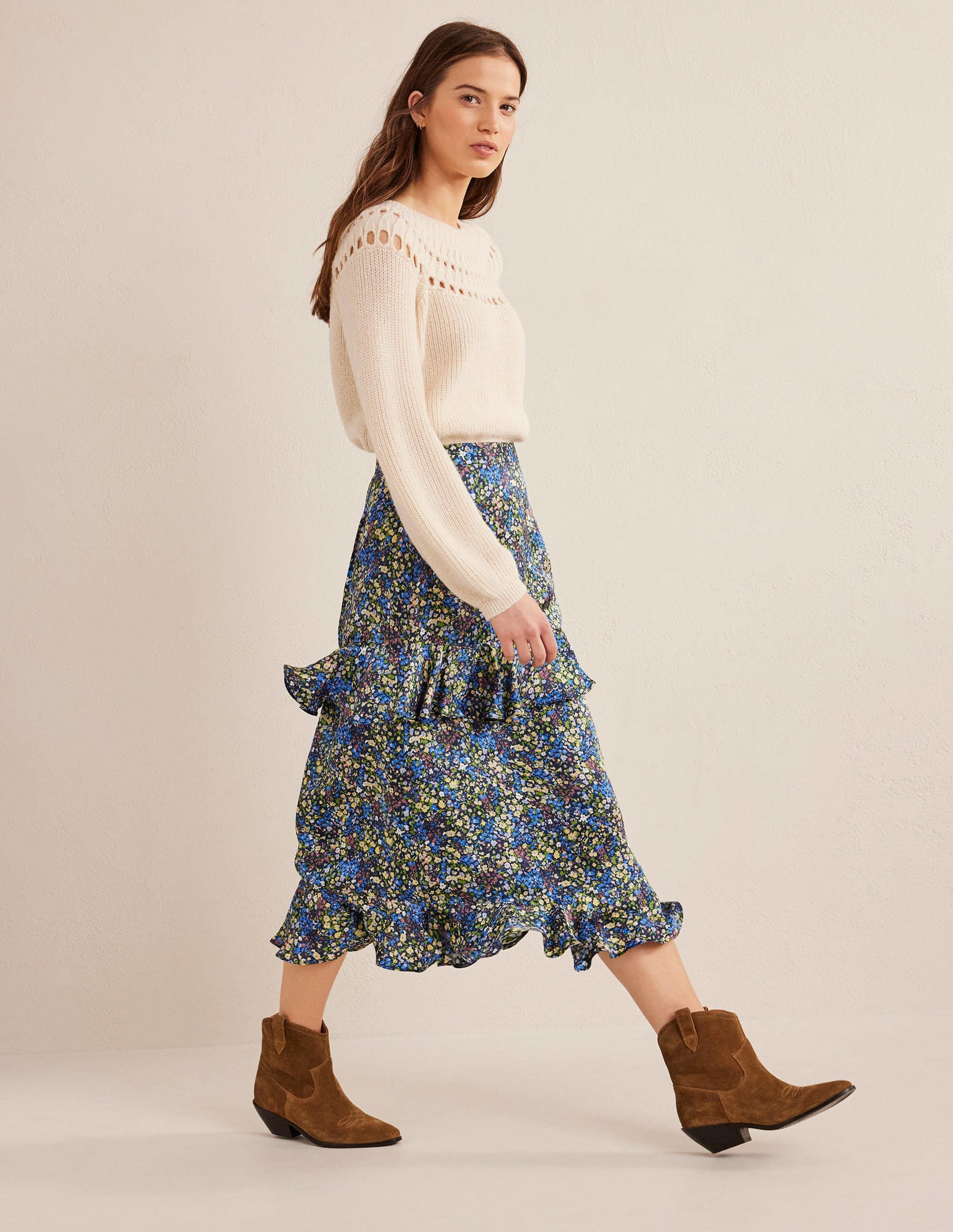 Satin Ruffle Midi Skirt-Nebulas Blue, Gatdenia Petal - Image 1