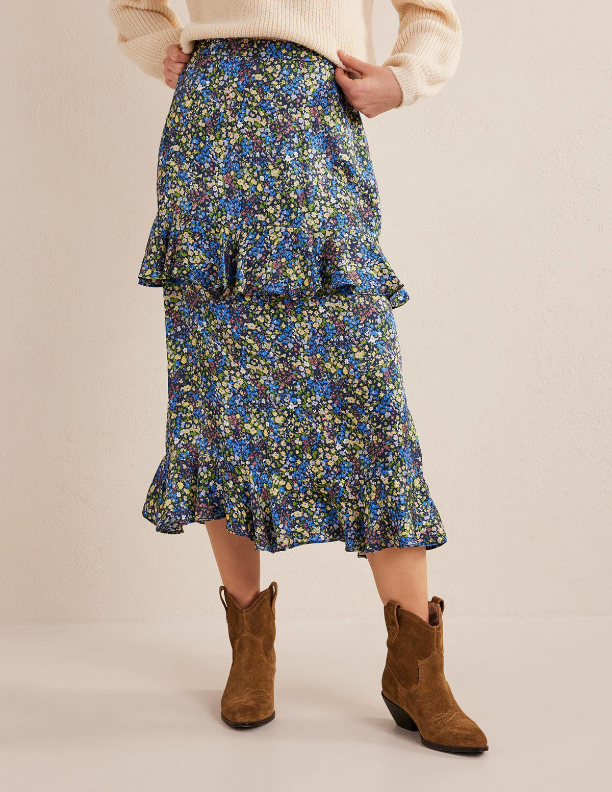 Satin Ruffle Midi Skirt-Nebulas Blue, Gatdenia Petal - Image 4