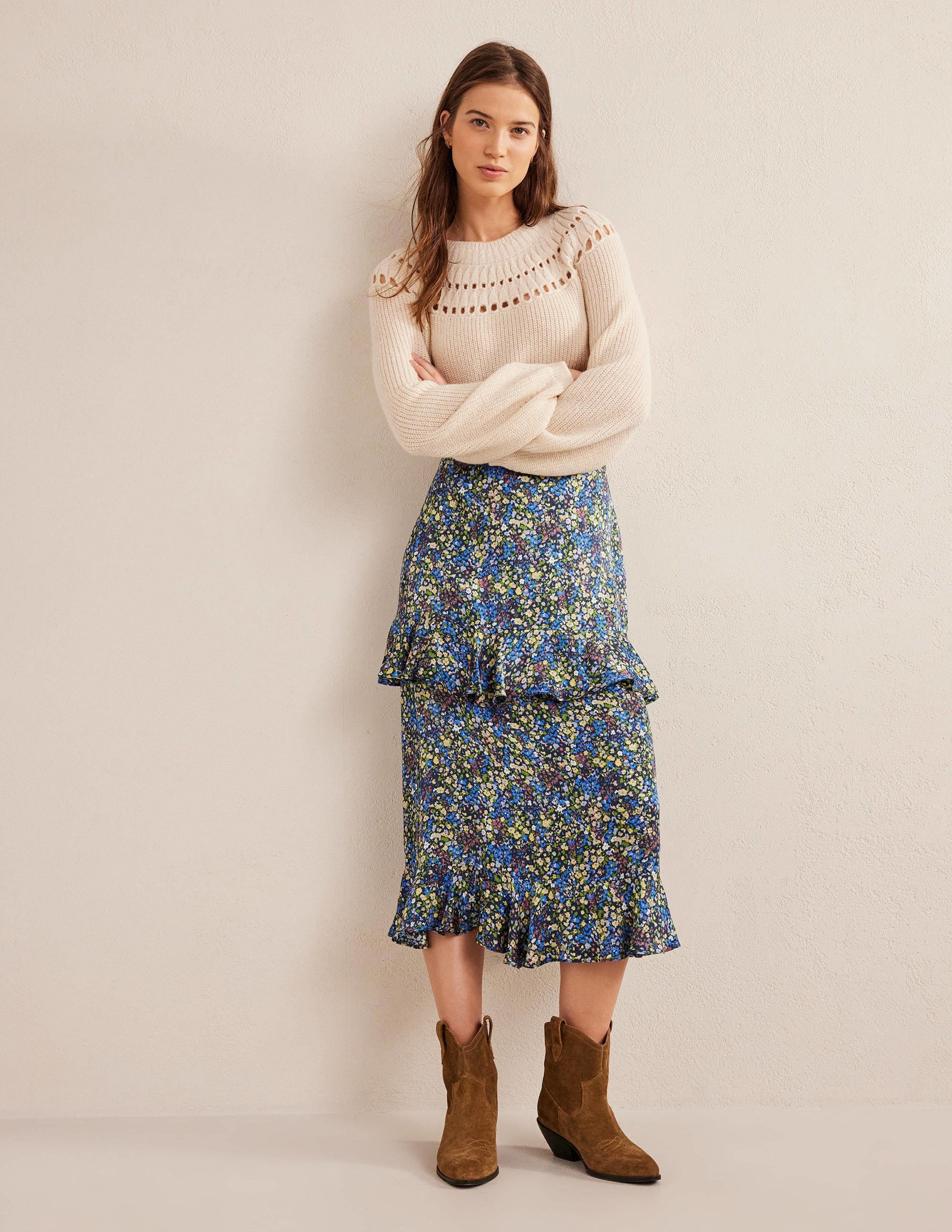 Satin Ruffle Midi Skirt-Nebulas Blue, Gatdenia Petal - Image 5