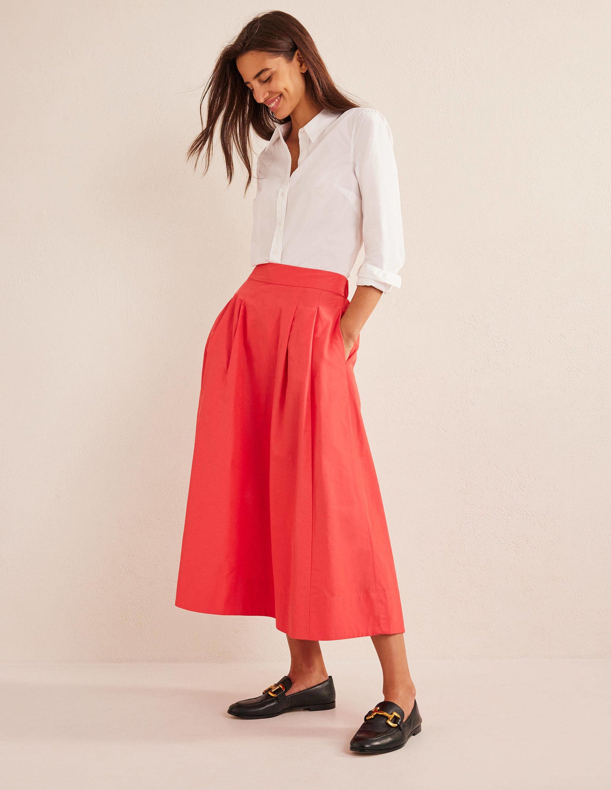 Taffeta Pull-on Midi Skirt-Coral-1