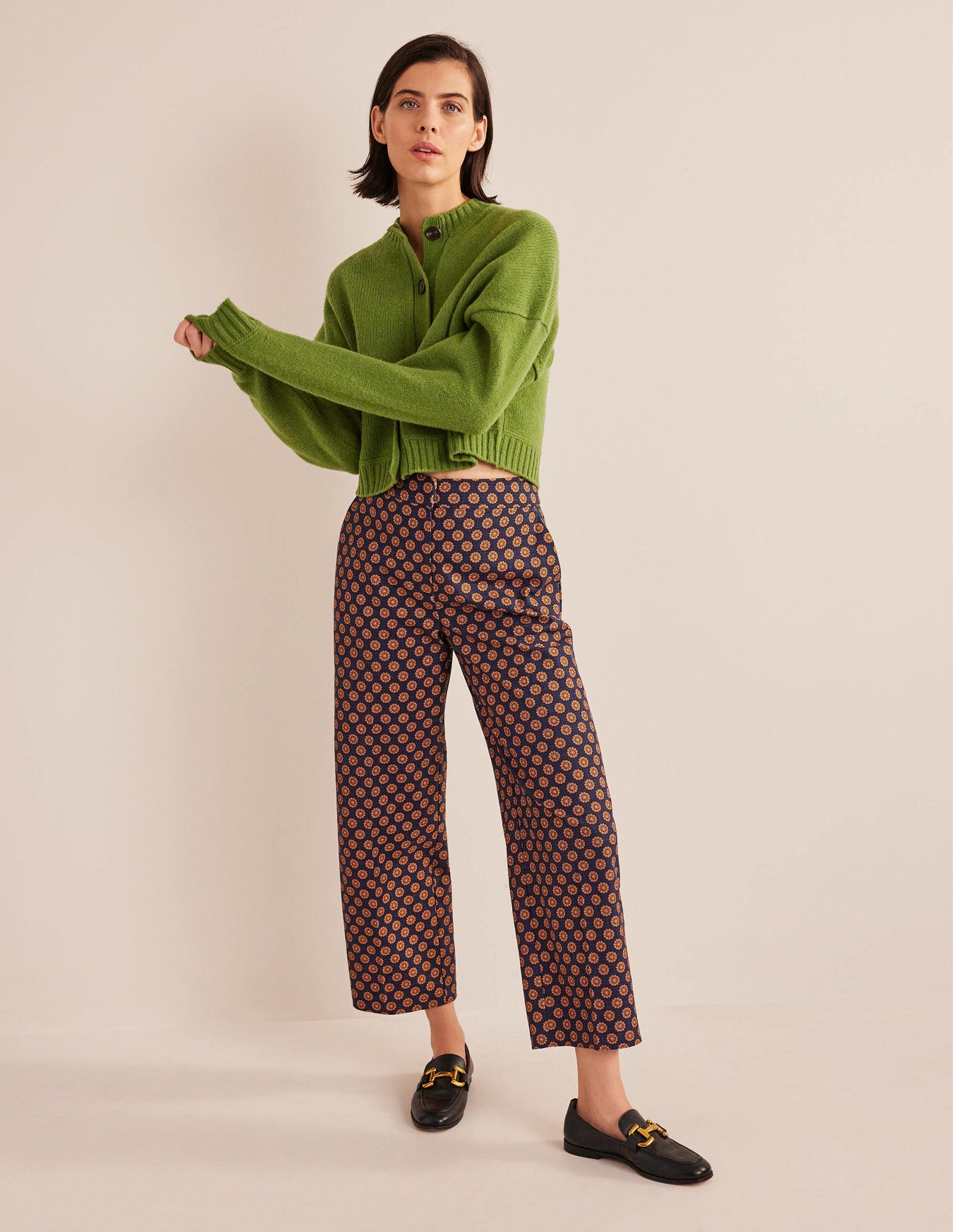 Printed Straight Pants-Navy, Sunflower Geo-1