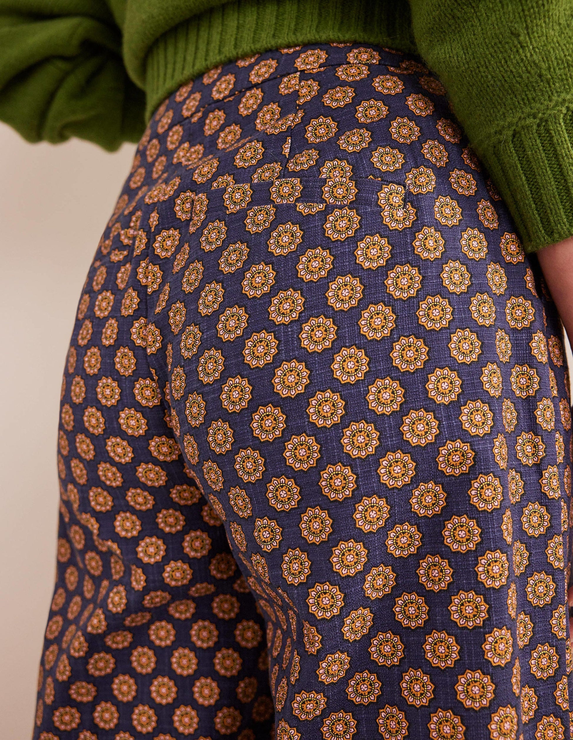 Printed Straight Pants-Navy, Sunflower Geo-2
