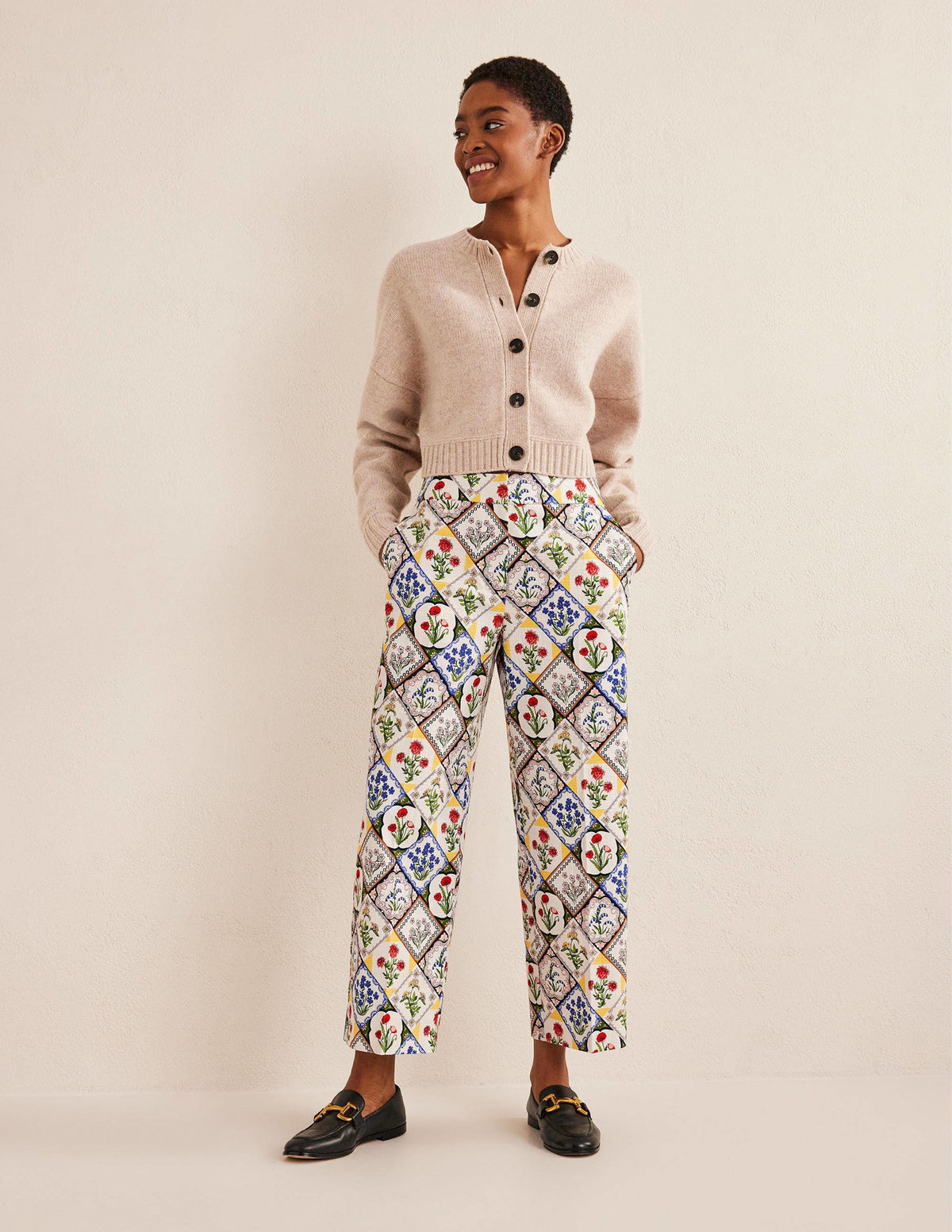 Printed Straight Pants-Ivory, White Bluebell - Image 1