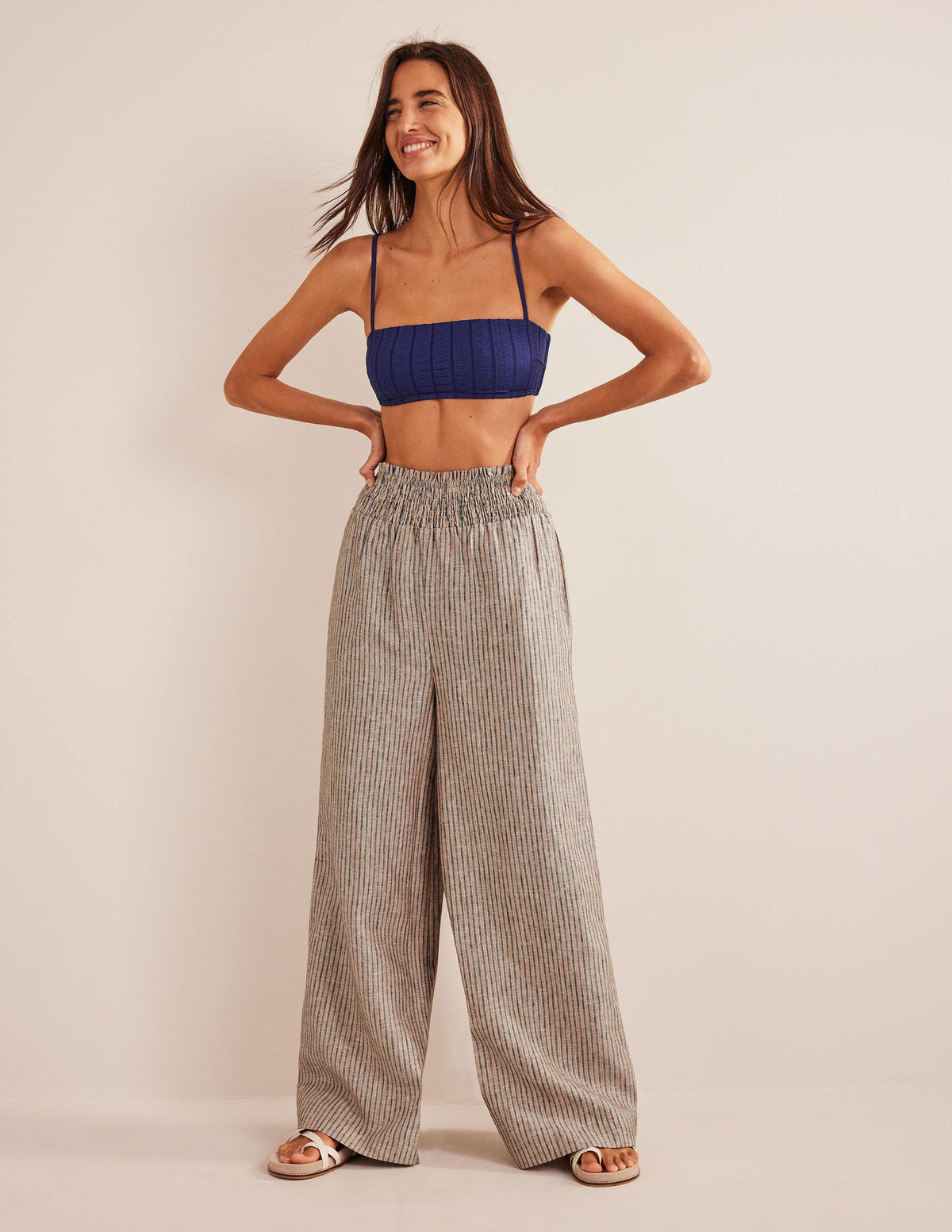 Linen Shirred Waist Pants-Camel and Black Lurex Stripe-1