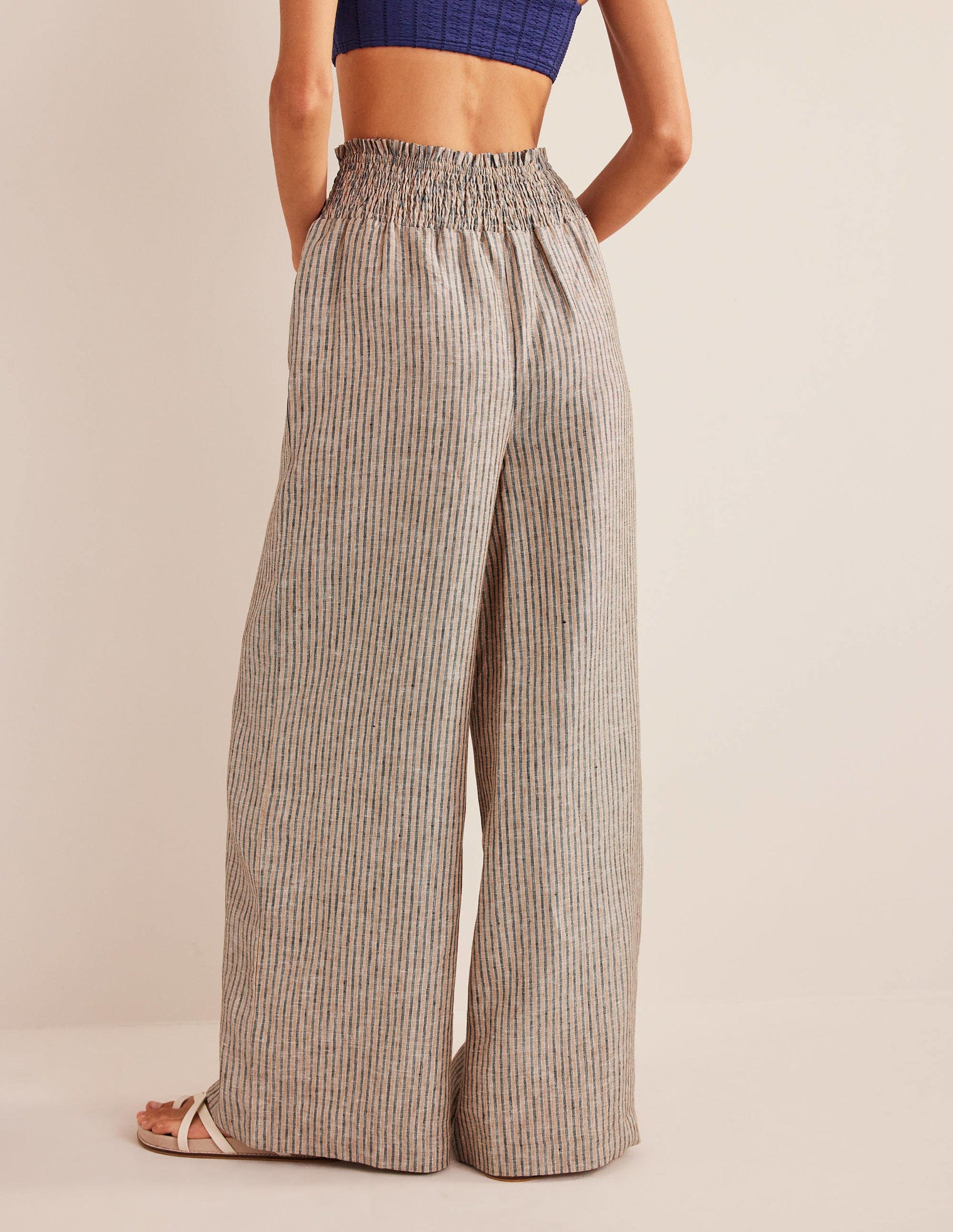 Linen Shirred Waist Pants-Camel and Black Lurex Stripe-3