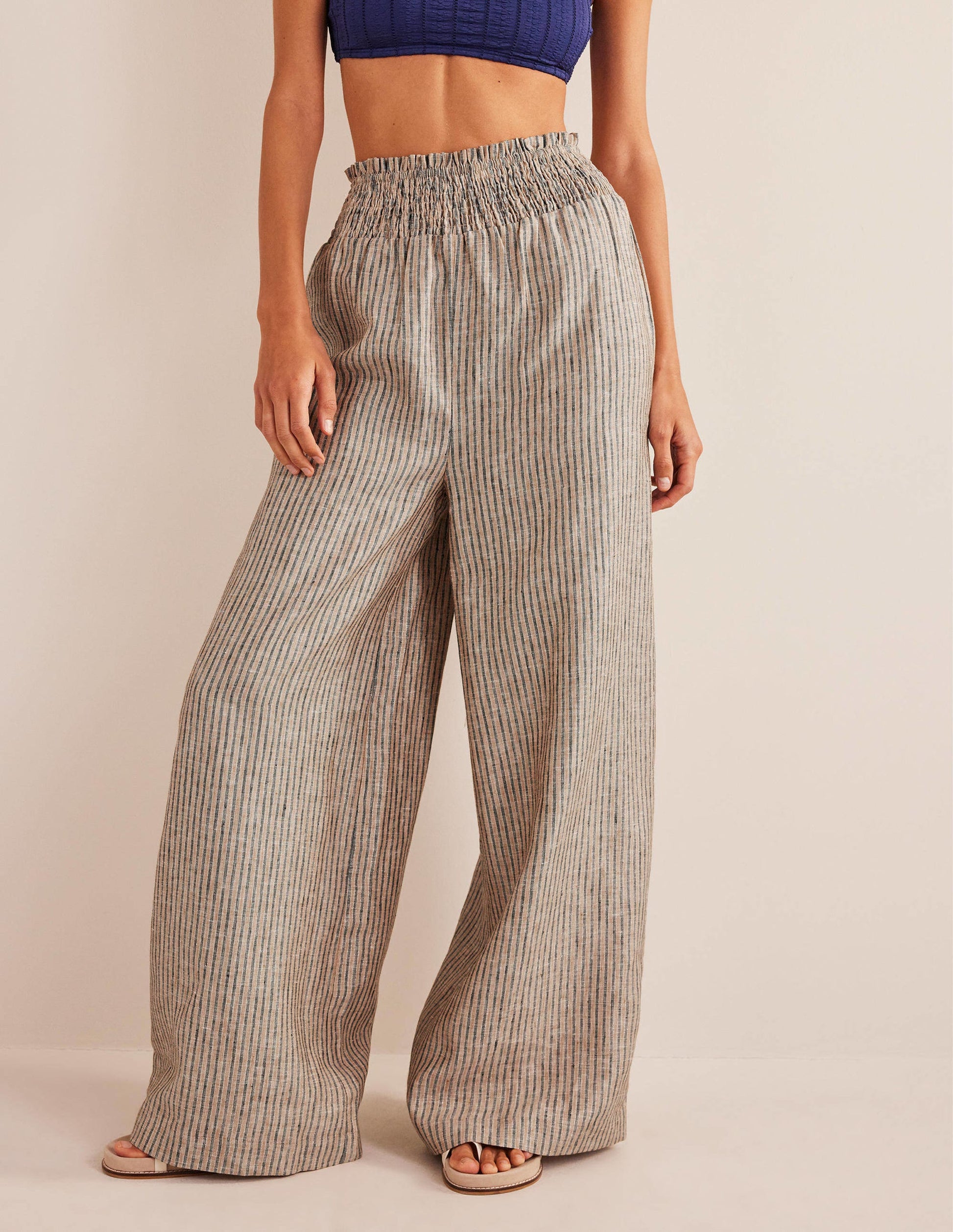 Linen Shirred Waist Pants-Camel and Black Lurex Stripe-4