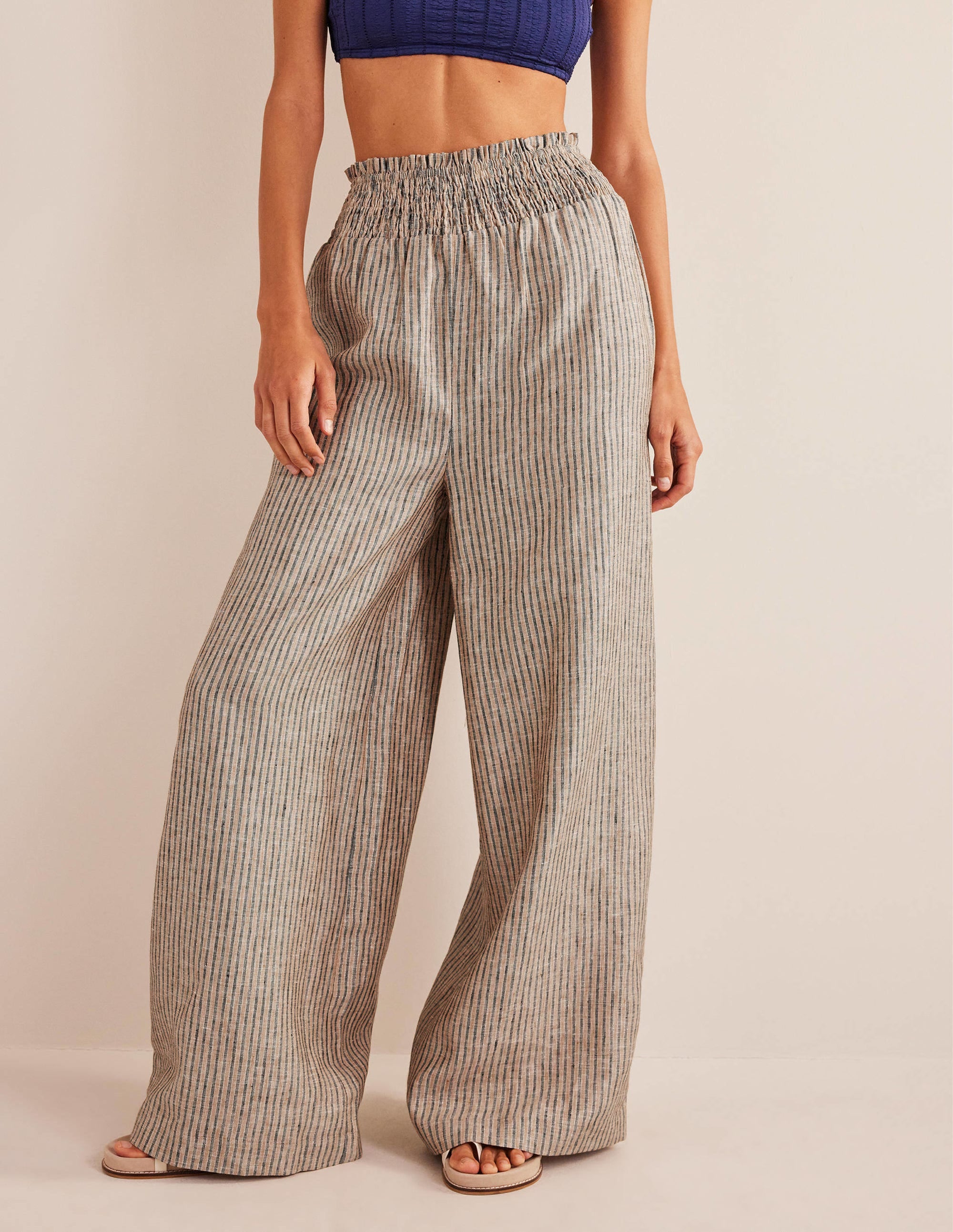 Linen Shirred Waist Pants-Camel and Black Lurex Stripe - Image 4