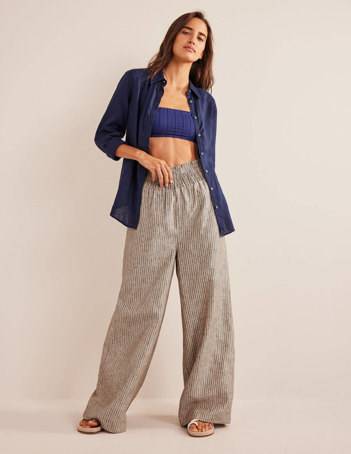 Linen Shirred Waist Pants-Camel and Black Lurex Stripe - Image 5