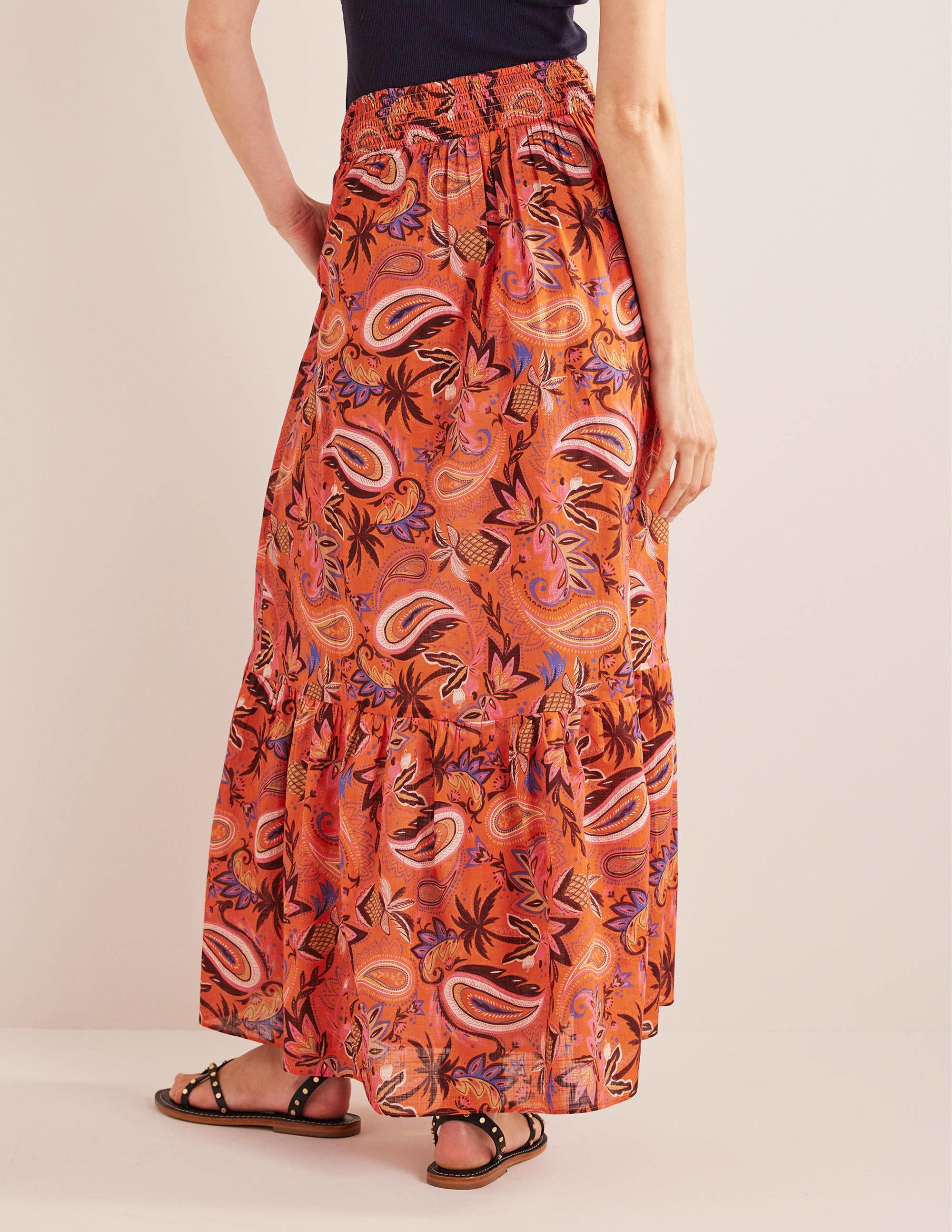 Tiered Cotton Maxi Skirt-Coral, Paradise Paisley - Image 3