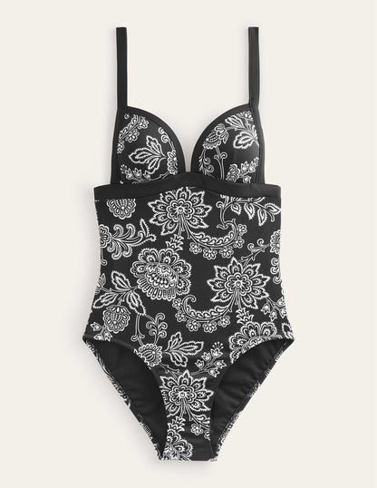 Triangle Panelled Swimsuit-Black, White Floral