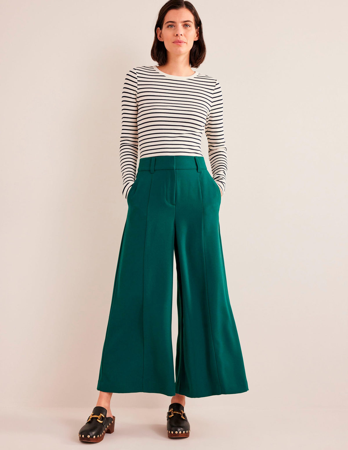 Fluid Wide Leg Culottes-Emerald Green-1