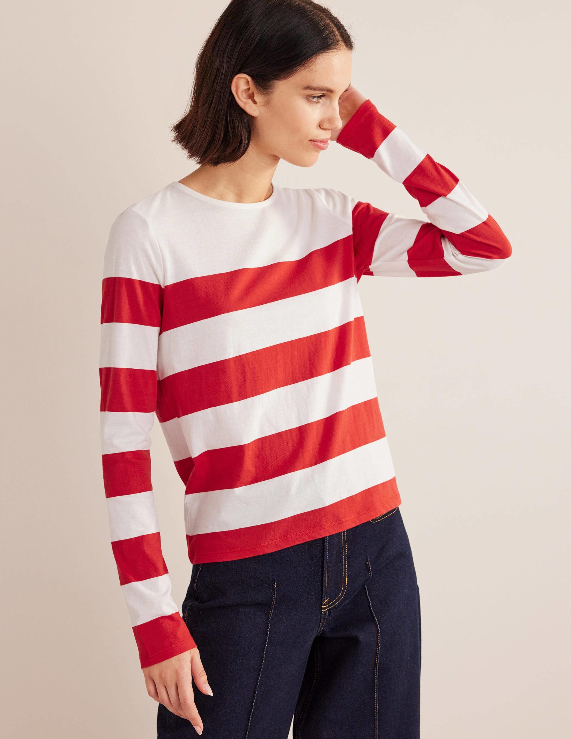 Bea Long Sleeve Breton-Red and Ivory, Wide Stripe - Image 1