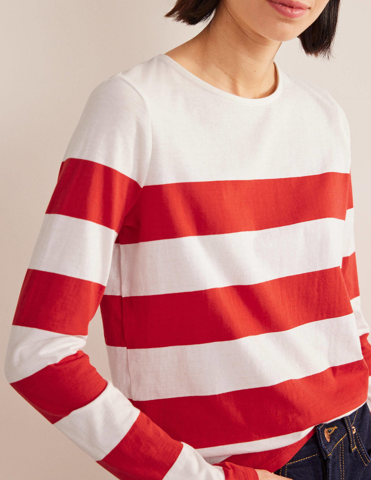 Bea Long Sleeve Breton-Red and Ivory, Wide Stripe - Image 2