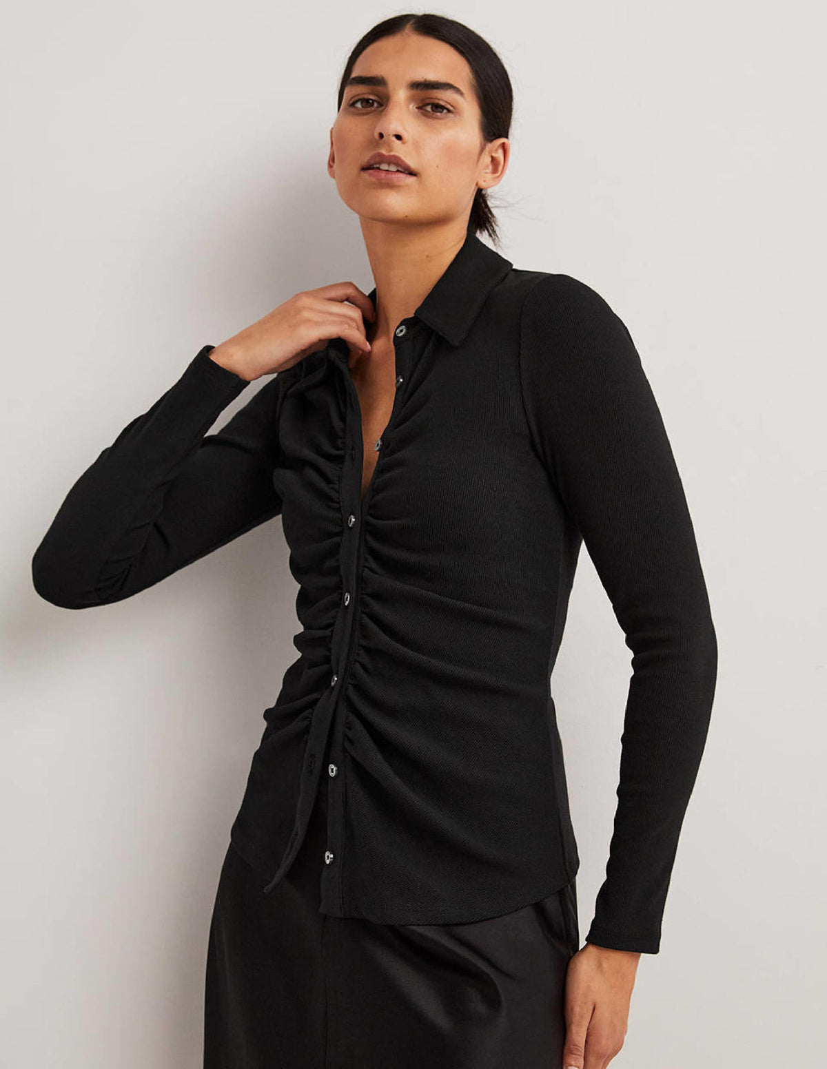 Ruched Front Jersey Shirt-Black - Image 5