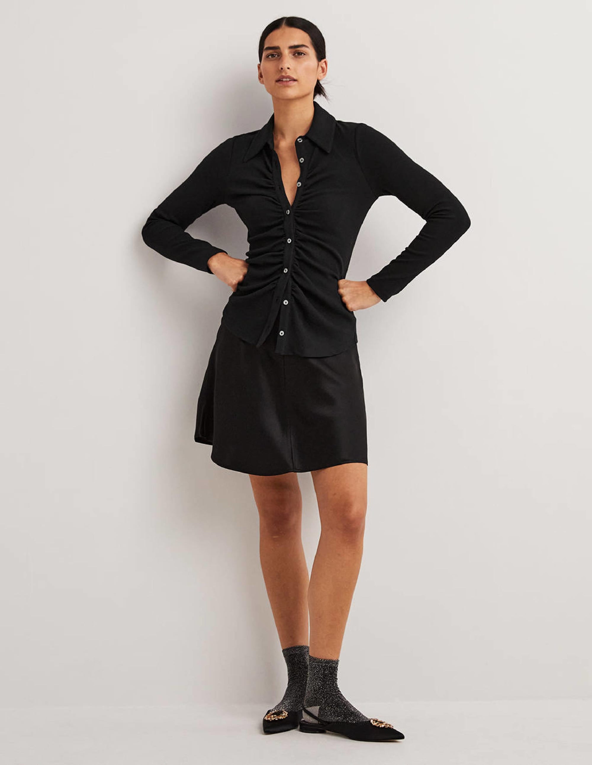 Ruched Front Jersey Shirt-Black - Image 6