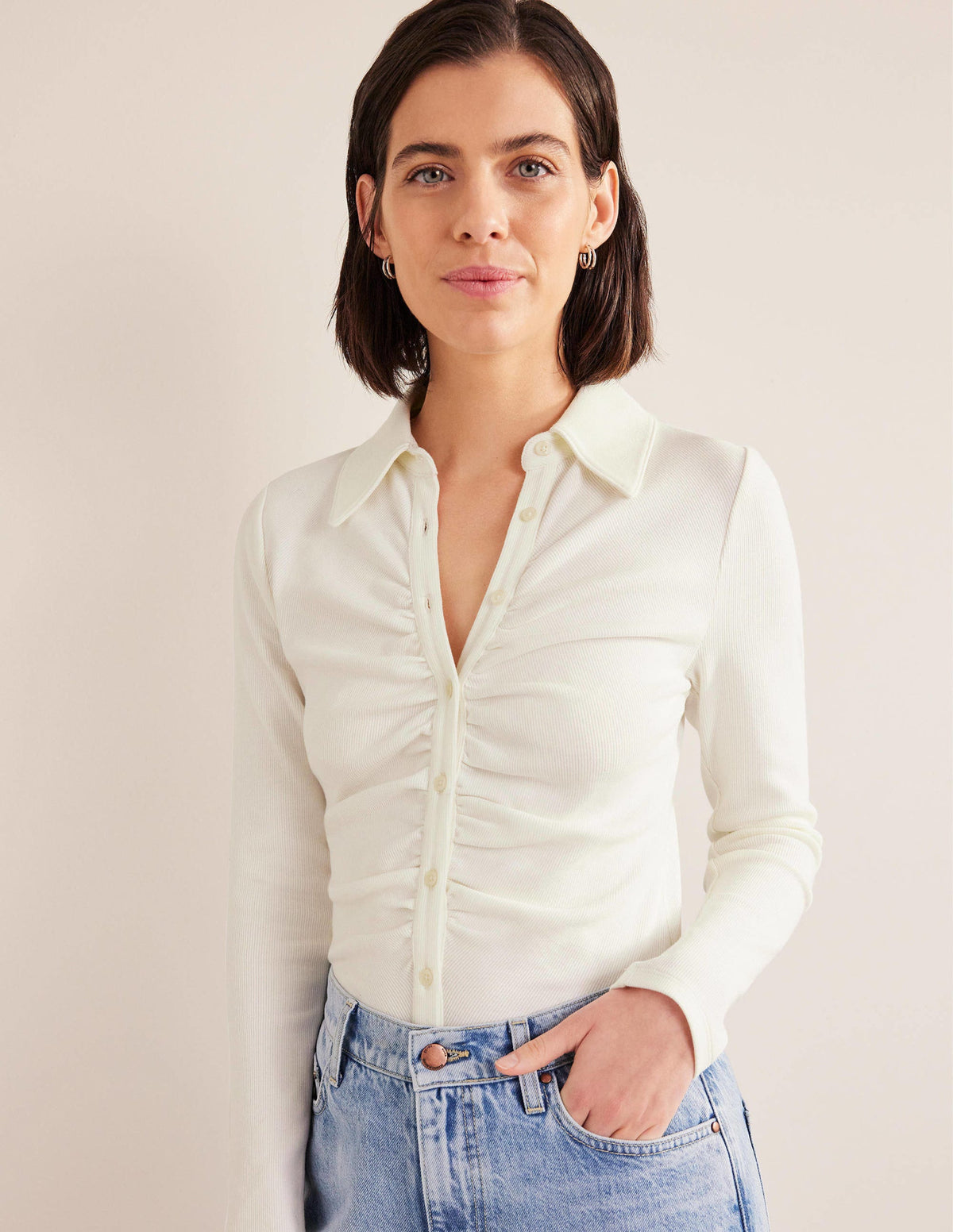 Ruched Front Jersey Shirt-Ivory - Image 4